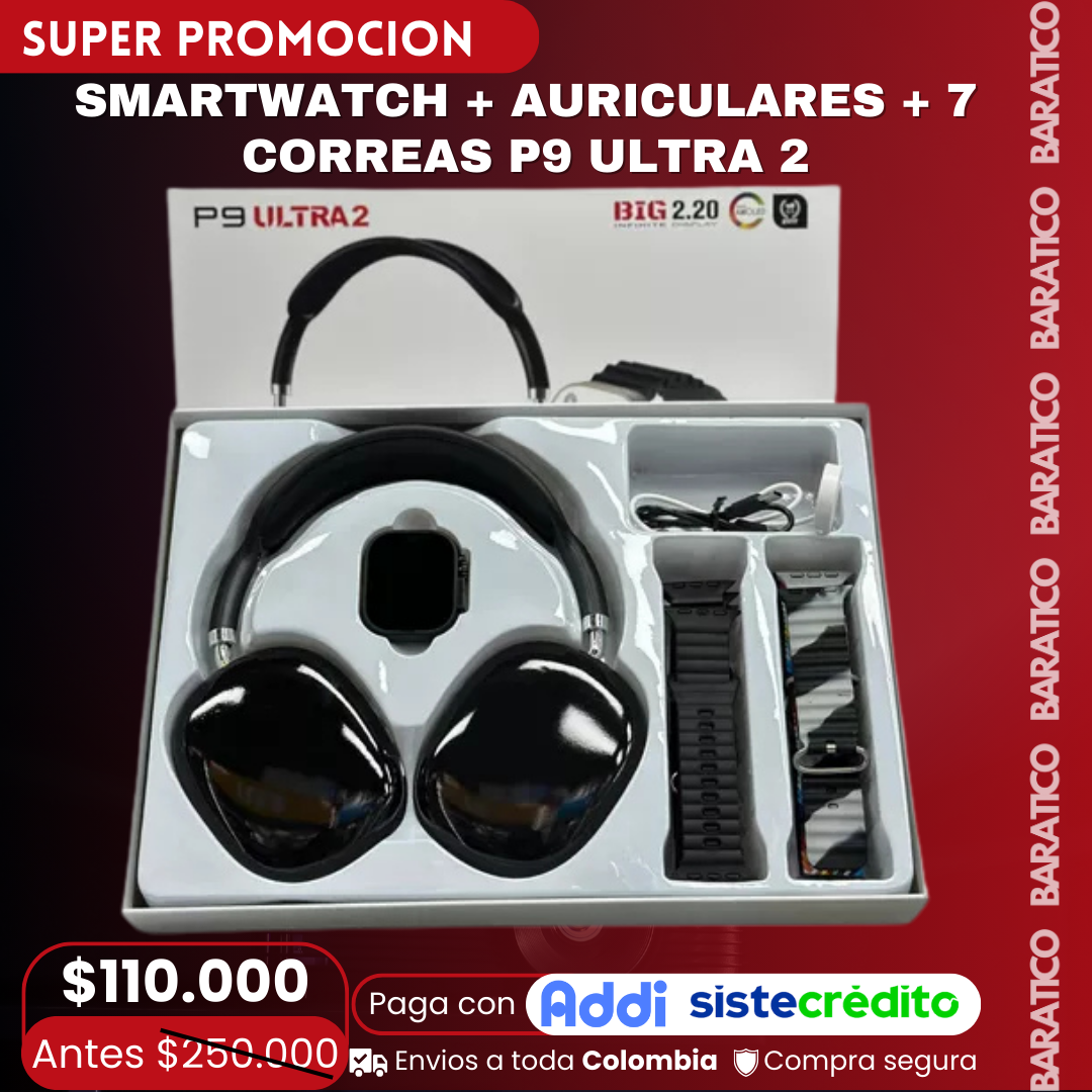 SMARTWATCH + 7 CORREAS + AUDIFONOS DIADEMA P9 ULTRA 2🤯