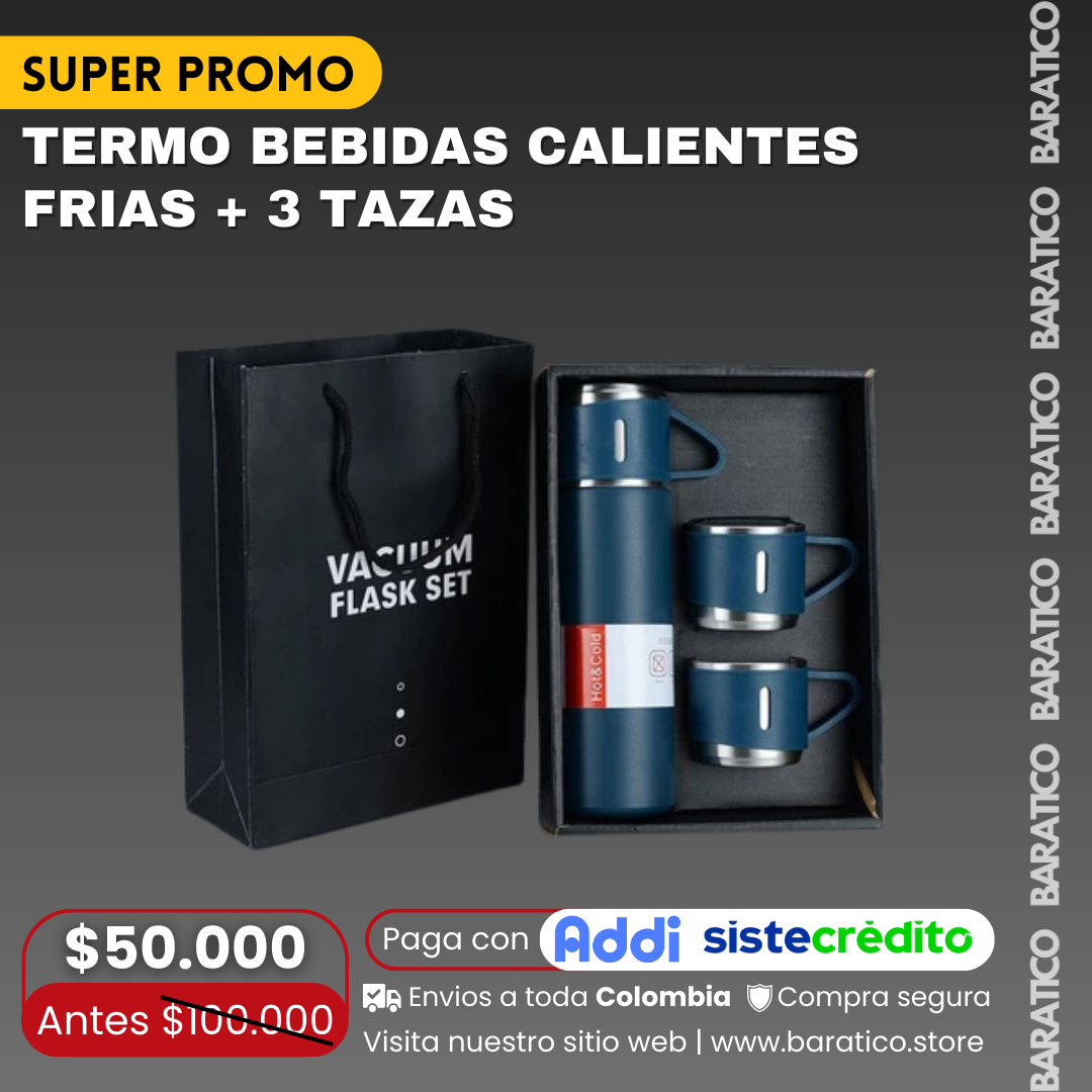TERMO BEBIDAS CALIENTES FRÍAS + 3 TAZAS 🍵