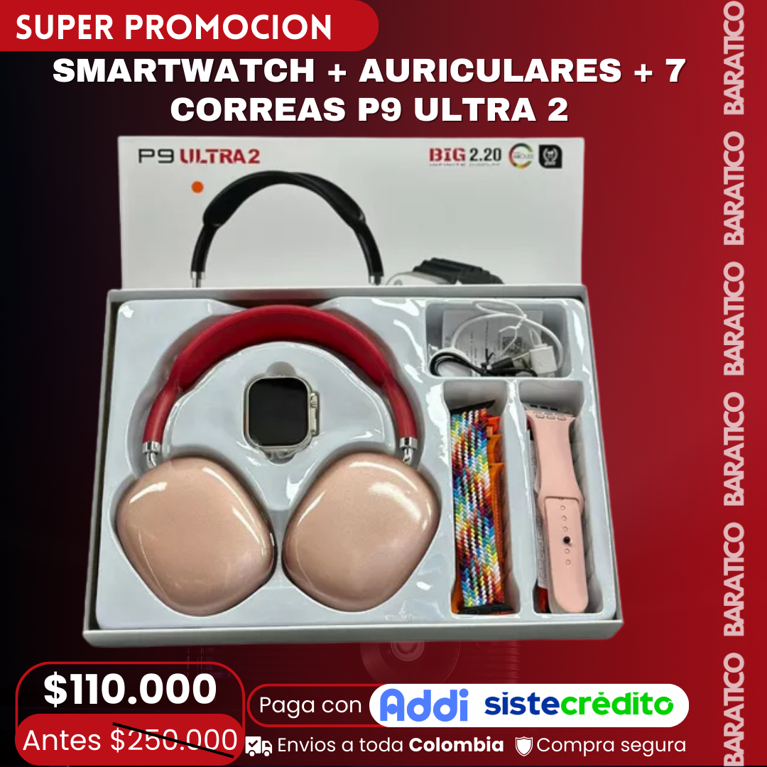 SMARTWATCH + 7 CORREAS + AUDIFONOS DIADEMA P9 ULTRA 2🤯