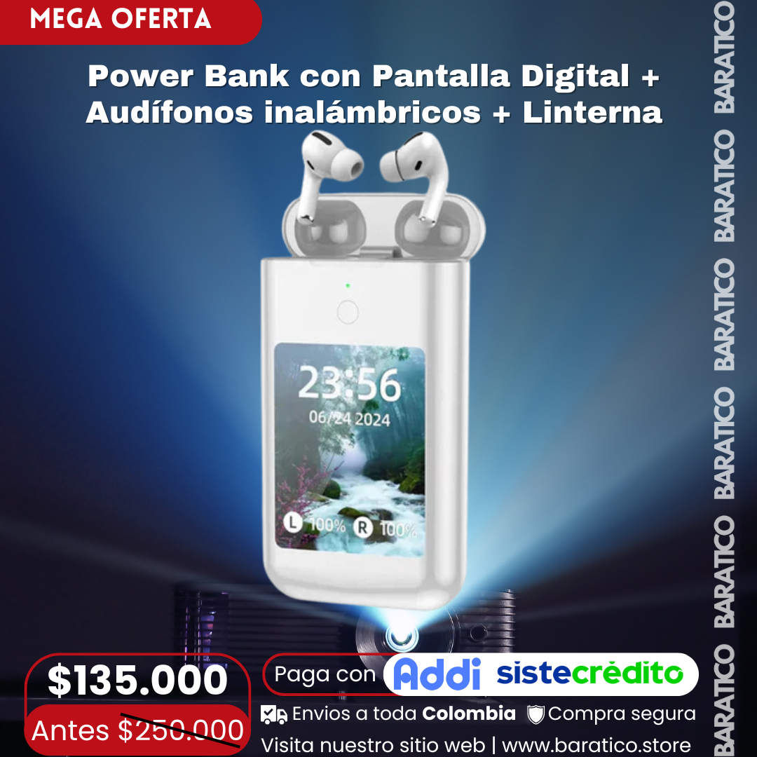 PowerBank con Pantalla Digital + Audífonos inalámbricos + Linterna