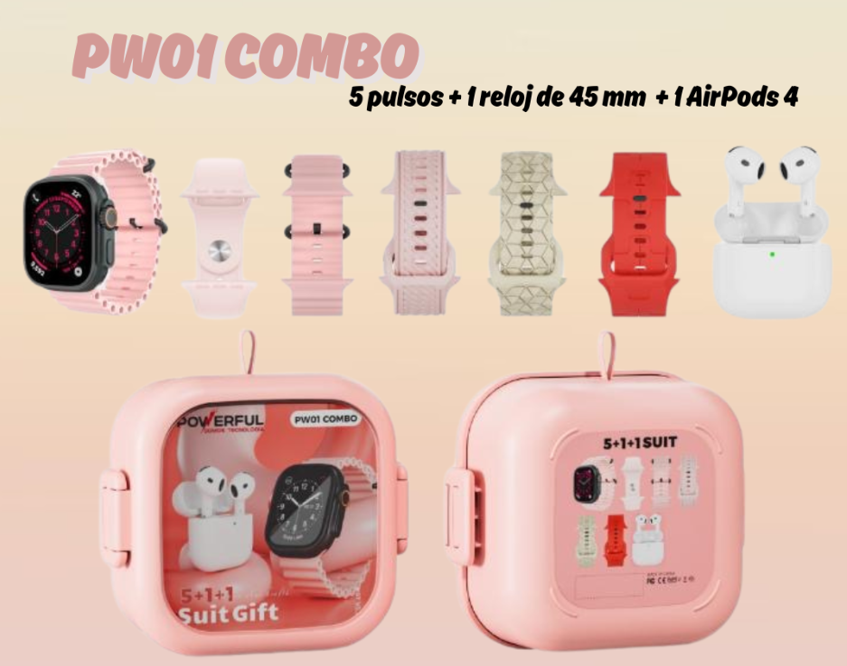 COMBO PW01 SMARTWATCH SERIE 9 + AIRPODS 4 + 5 PULSOS + CAJA ORGANIZADORA