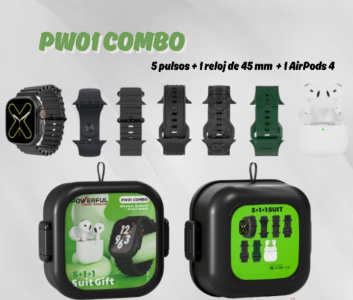 COMBO PW01 SMARTWATCH SERIE 9 + AIRPODS 4 + 5 PULSOS + CAJA ORGANIZADORA