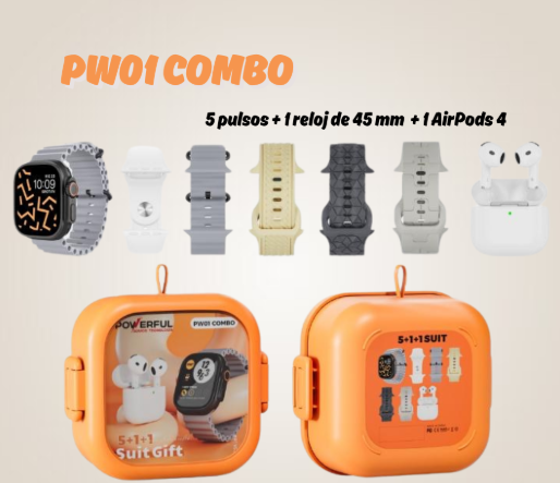 COMBO PW01 SMARTWATCH SERIE 9 + AIRPODS 4 + 5 PULSOS + CAJA ORGANIZADORA