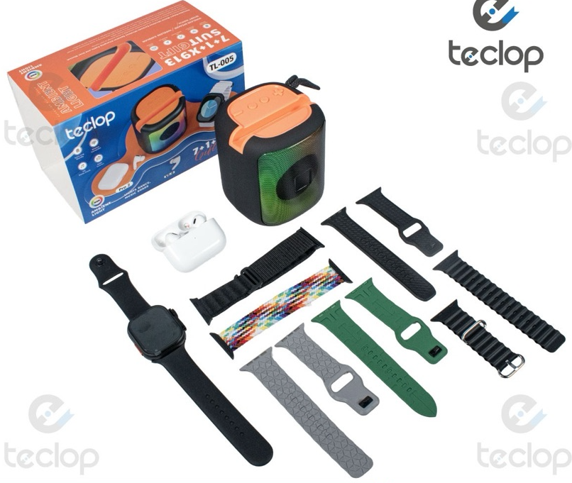 COMBO TL-005 SMARTWATCH + AUDÍFONOS + PARLANTE CON LUCES RGB + 7 MANILLAS