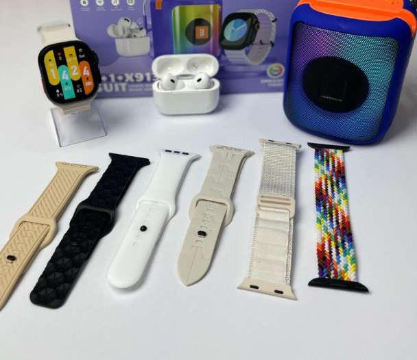 COMBO TL-005 SMARTWATCH + AUDÍFONOS + PARLANTE CON LUCES RGB + 7 MANILLAS