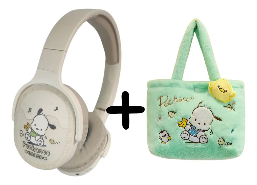 AUDIFONOS DIADEMA BLUETOOTH SANRIO + BOLSO DE PELUCHE