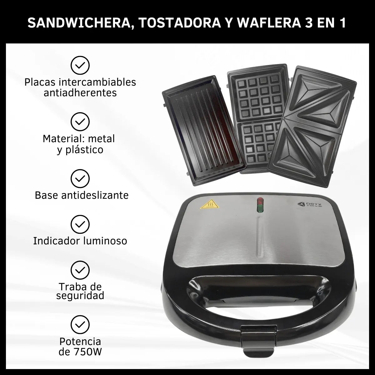 SANDWICHERA WAFLERA TOSTADORA 3 EN 1 PLACAS INTERCAMBIABLES
