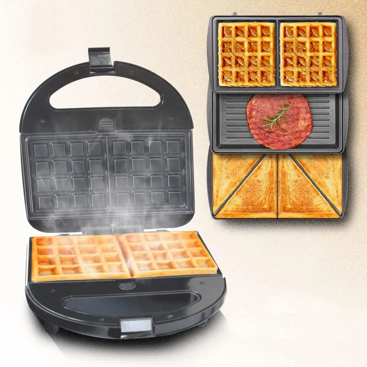 SANDWICHERA WAFLERA TOSTADORA 3 EN 1 PLACAS INTERCAMBIABLES