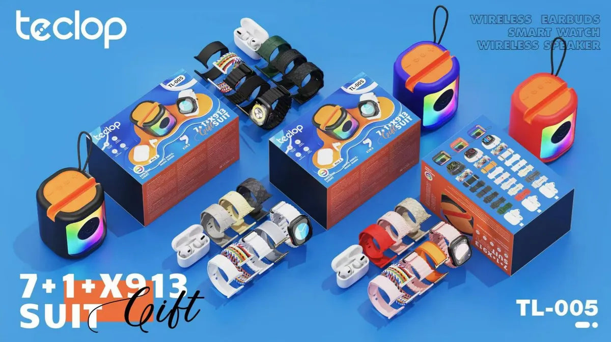 COMBO TL-005 SMARTWATCH + AUDÍFONOS + PARLANTE CON LUCES RGB + 7 MANILLAS