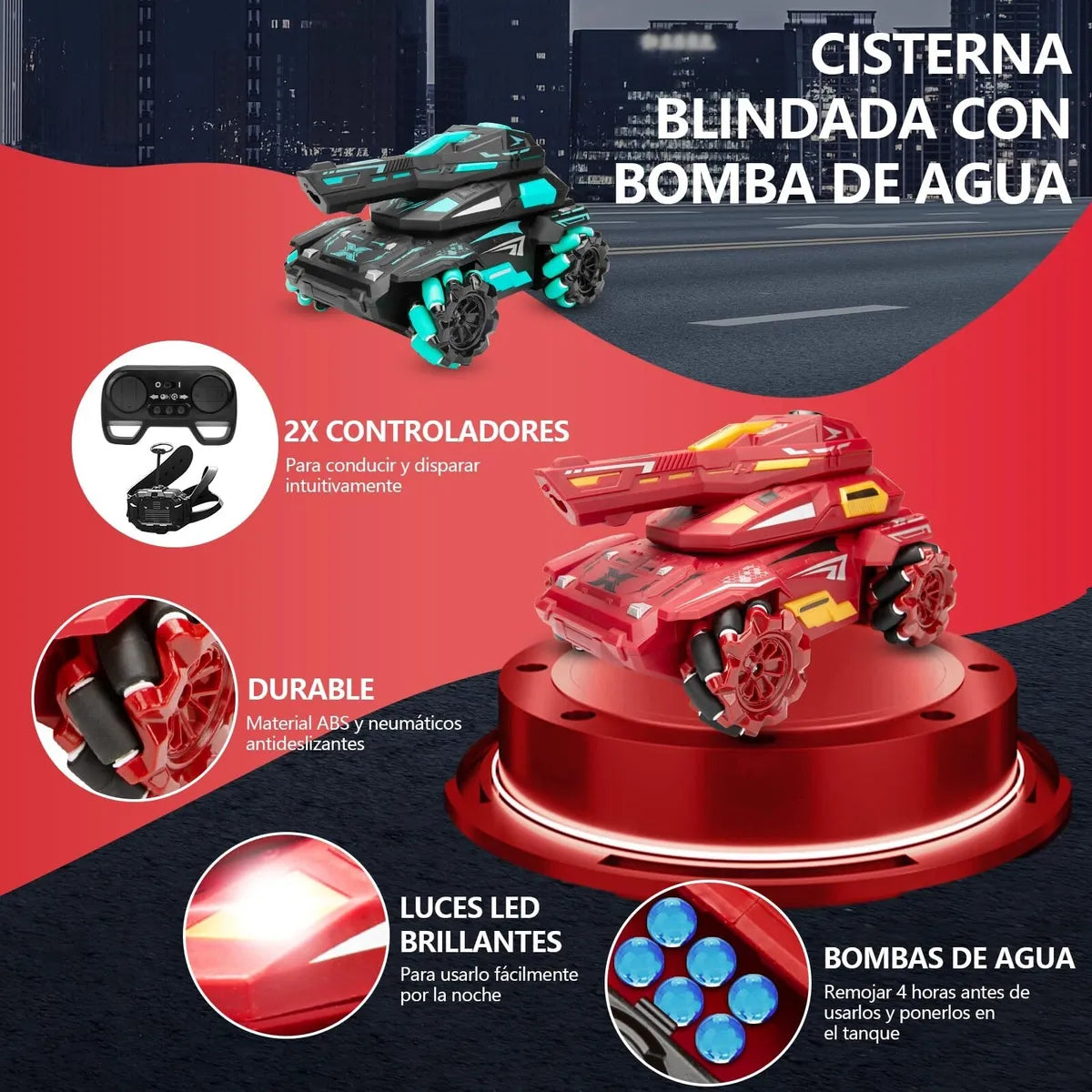 CARRO TANQUE A CONTROL REMOTO LANZA BOLITAS DE HIDROGEL TODO TERRENO 4X4