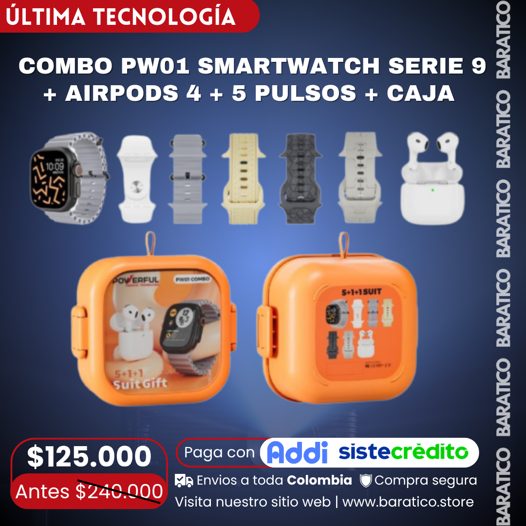 COMBO PW01 SMARTWATCH SERIE 9 + AIRPODS 4 + 5 PULSOS + CAJA ORGANIZADORA