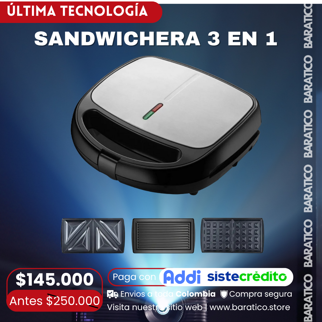 SANDWICHERA WAFLERA TOSTADORA 3 EN 1 PLACAS INTERCAMBIABLES