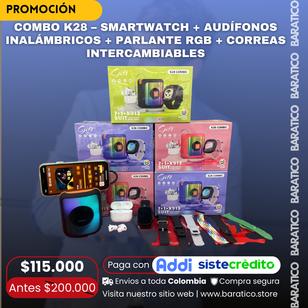 COMBO K28 – SMARTWATCH + AUDÍFONOS INALÁMBRICOS + PARLANTE RGB + CORREAS INTERCAMBIABLES