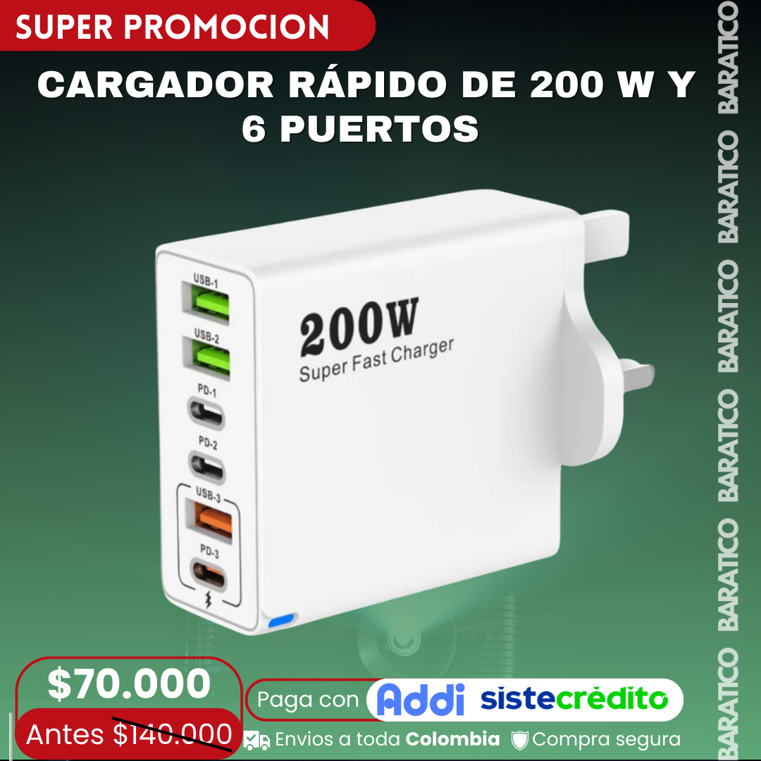 CARGADOR RÁPIDO DE 200 W Y 6 PUERTOS