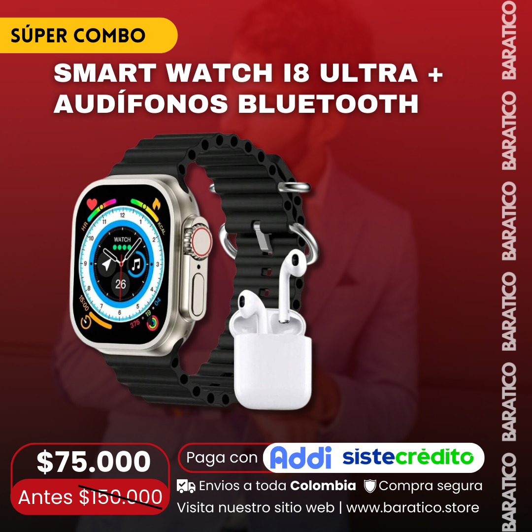 SÚPER COMBO SMART WATCH I8 ULTRA + AUDÍFONOS BLUETOOTH ⭐PRECIO : $75.000!😱!