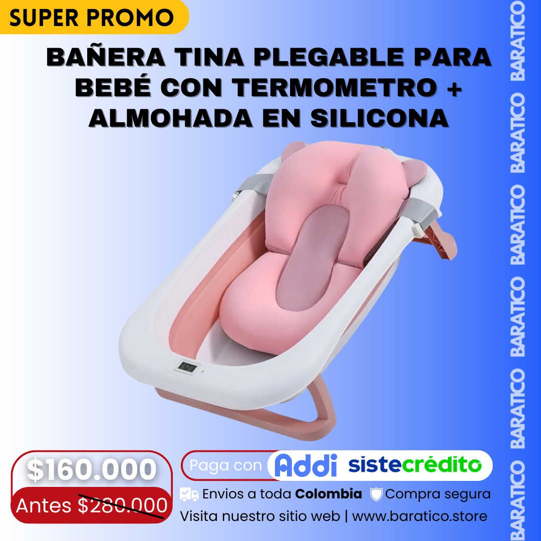Bañera Tina Plegable Para Bebé Con Termometro + Almohada En Silicona