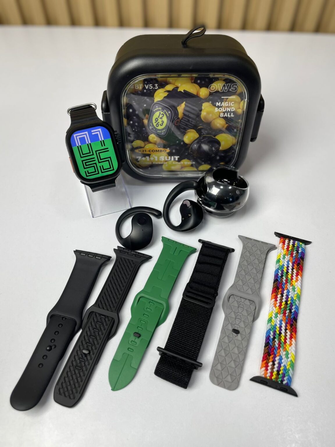COMBO K21 SMARTWATCH + AUDÍFONOS OWS + 7 CORREAS