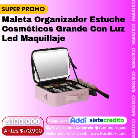 Maleta Organizadora De Maquillaje Viaje Espejo + Luz Led
