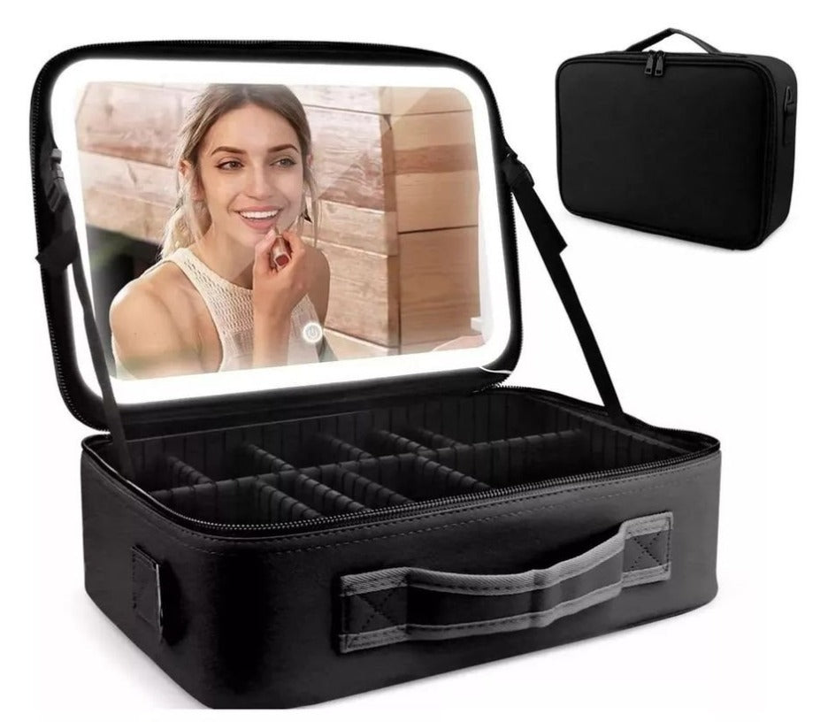 Maleta Organizadora De Maquillaje Viaje Espejo + Luz Led