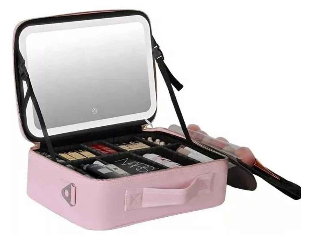 Maleta Organizadora De Maquillaje Viaje Espejo + Luz Led