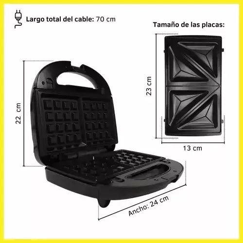 SANDWICHERA WAFLERA TOSTADORA 3 EN 1 PLACAS INTERCAMBIABLES