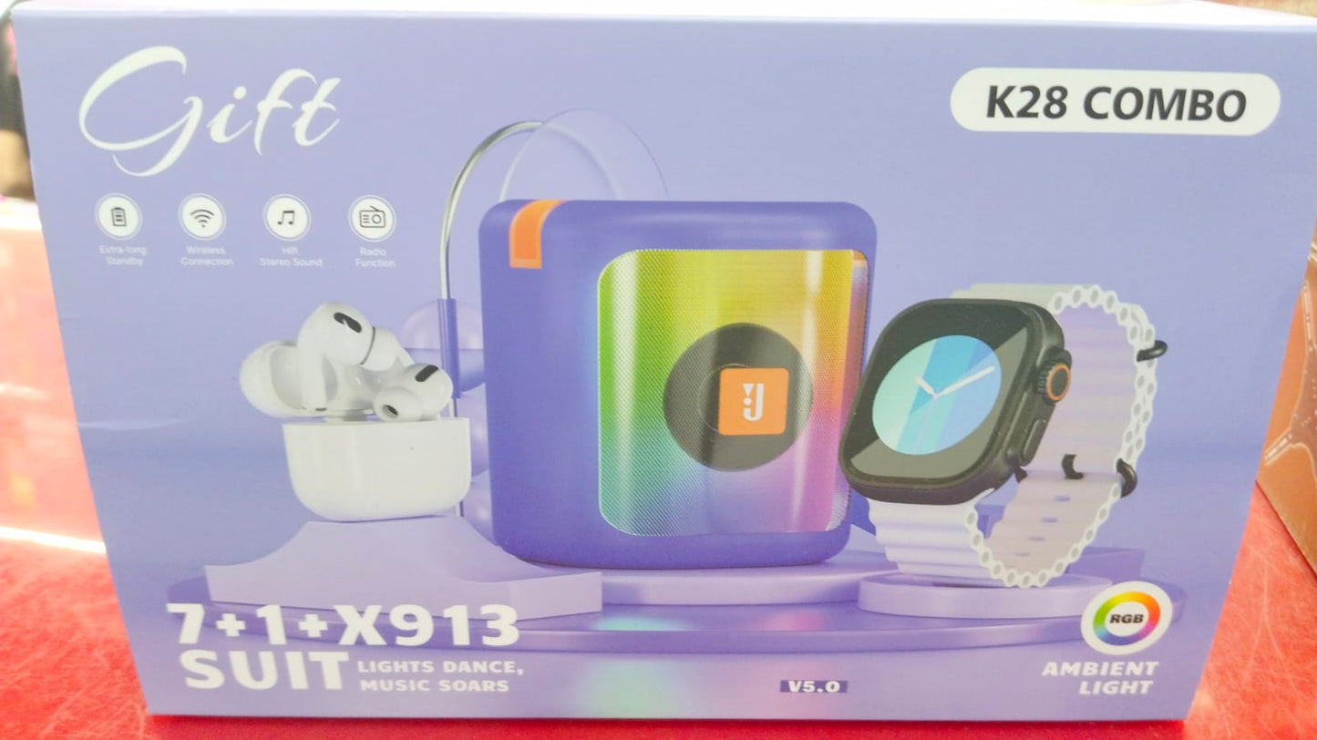 COMBO K28 – SMARTWATCH + AUDÍFONOS INALÁMBRICOS + PARLANTE RGB + CORREAS INTERCAMBIABLES
