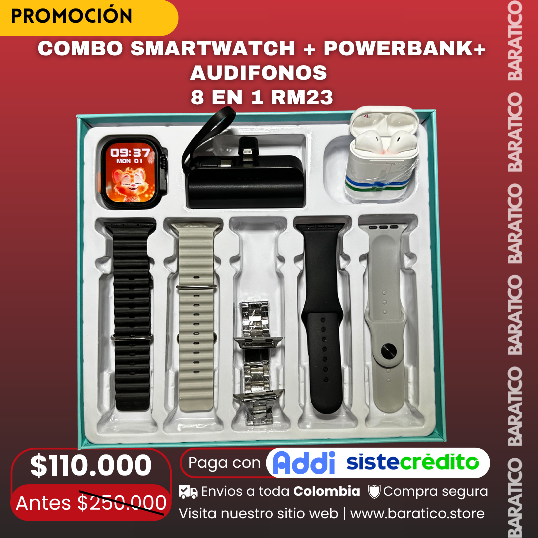 COMBO SMARTWATCH + POWERBANK+ AUDIFONOS  8 EN 1 RM23 😎