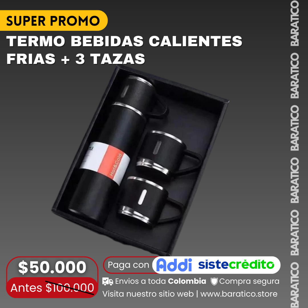 TERMO BEBIDAS CALIENTES FRÍAS + 3 TAZAS 🍵