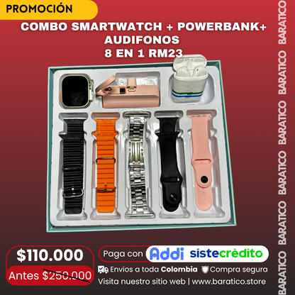 COMBO SMARTWATCH + POWERBANK+ AUDIFONOS  8 EN 1 RM23 😎