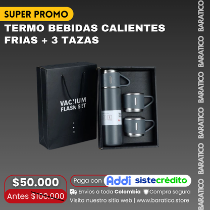 TERMO BEBIDAS CALIENTES FRÍAS + 3 TAZAS 🍵