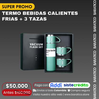 TERMO BEBIDAS CALIENTES FRÍAS + 3 TAZAS 🍵