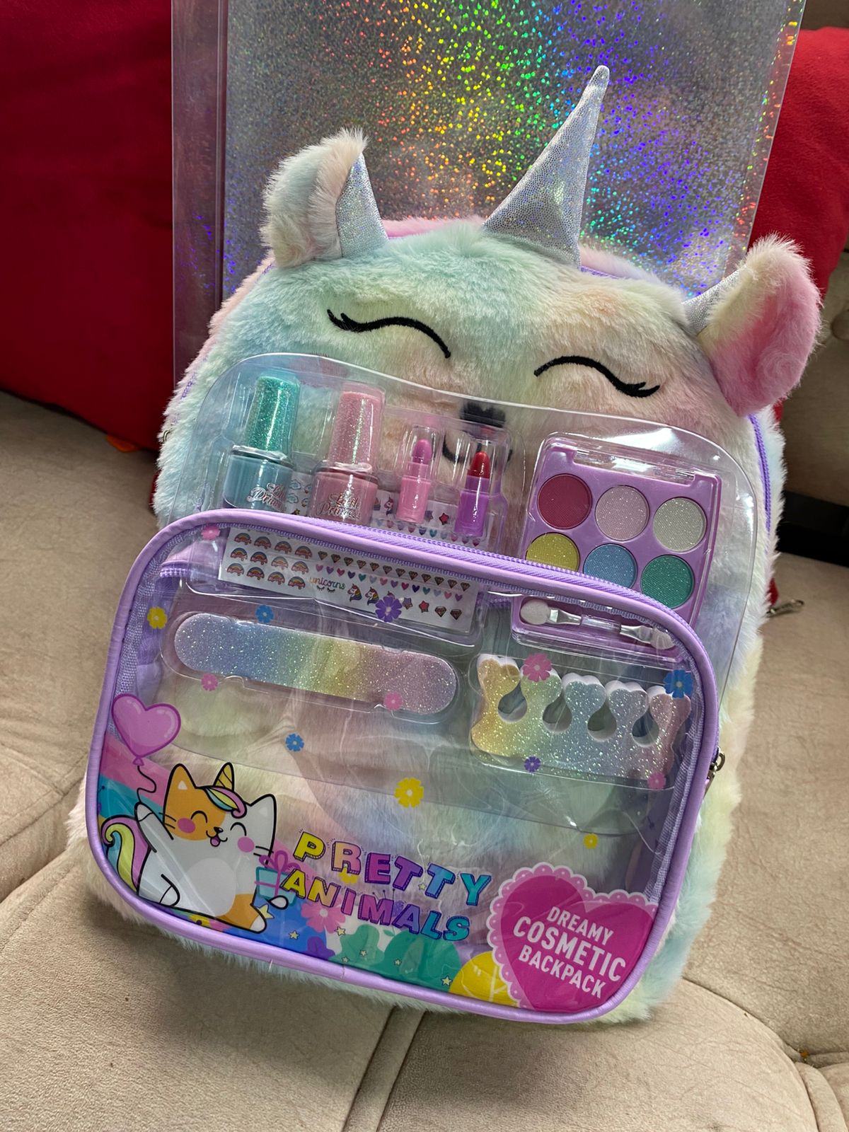 Maleta Mochila Unicornio Peluche + Set De Maquillaje Niñas