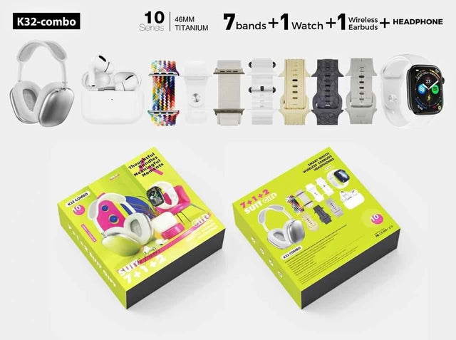 COMBO K32 SMARTWATCH + 7 PULSOS , DIADEMA MAX, AIRPODS MAX