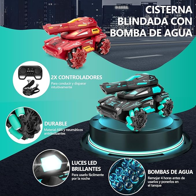 CARRO TANQUE A CONTROL REMOTO LANZA BOLITAS DE HIDROGEL TODO TERRENO 4X4