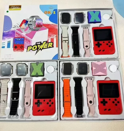 COMBO POWER-  2 SMARTWATCH+ 1 GAME PORTATIL CON 400 JUEGOS + MINI SPEAKER  + 5 PULSERAS