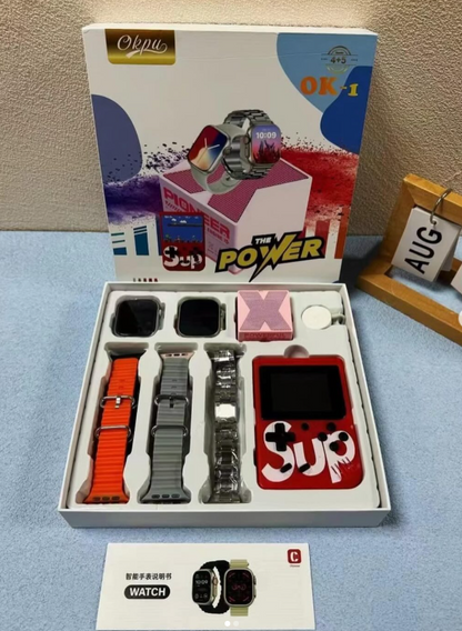 COMBO POWER-  2 SMARTWATCH+ 1 GAME PORTATIL CON 400 JUEGOS + MINI SPEAKER  + 5 PULSERAS