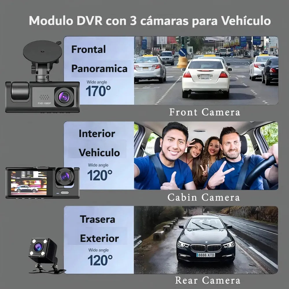 CÁMARA CARRO 1080P HD 3 LENTES DVR