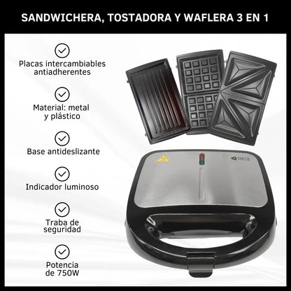 SANDWICHERA WAFLERA TOSTADORA 3 EN 1 PLACAS INTERCAMBIABLES