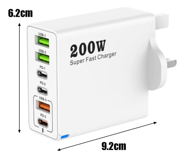 CARGADOR RÁPIDO DE 200 W Y 6 PUERTOS