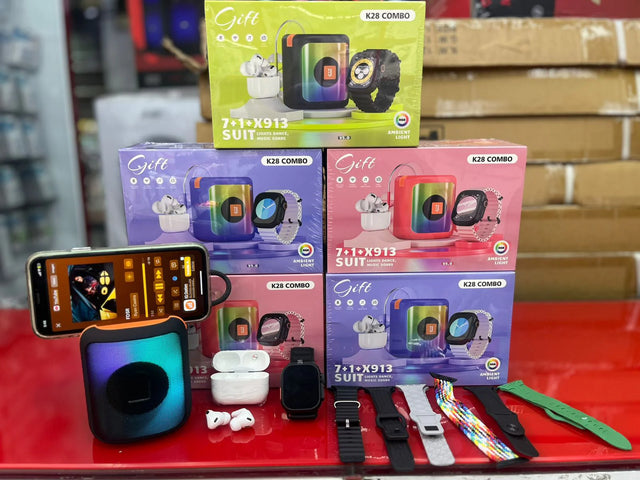 COMBO K28 – SMARTWATCH + AUDÍFONOS INALÁMBRICOS + PARLANTE RGB + CORREAS INTERCAMBIABLES