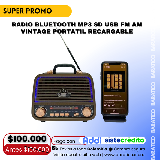 RADIO BLUETOOTH MP3 SD USB FM AM VINTAGE PORTATIL RECARGABLE