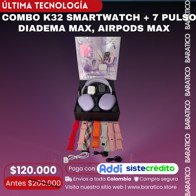 COMBO K32 SMARTWATCH + 7 PULSOS , DIADEMA MAX, AIRPODS MAX