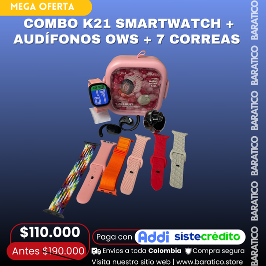 COMBO K21 SMARTWATCH + AUDÍFONOS OWS + 7 CORREAS