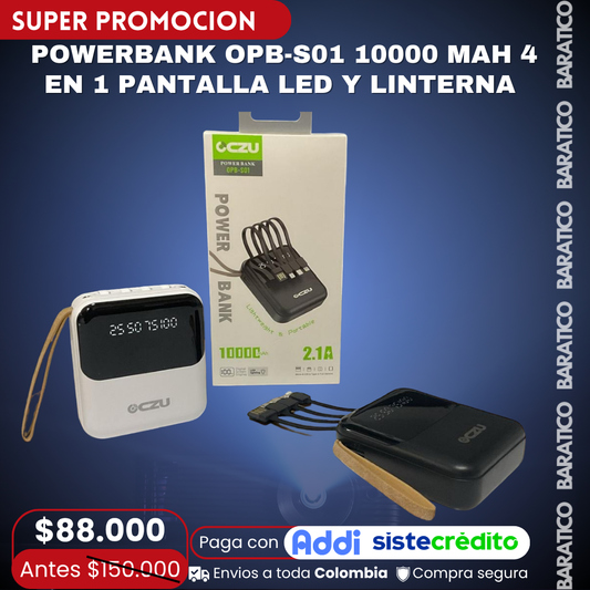 POWERBANK OPB-S01 10000 MAH 4 EN 1 PANTALLA LED Y LINTERNA