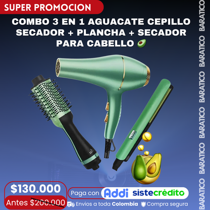 COMBO 3 EN 1 AGUACATE CEPILLO SECADOR + PLANCHA + SECADOR PARA CABELLO 🥑
