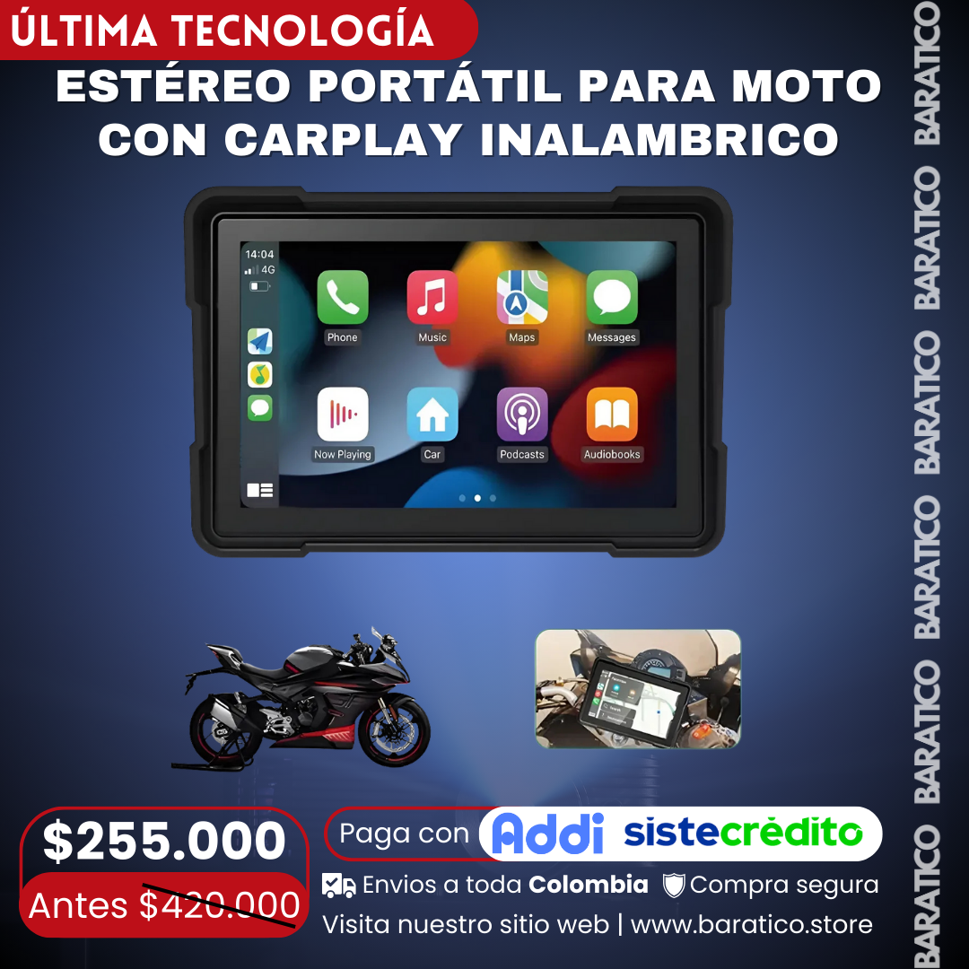 ESTÉREO PORTÁTIL PARA MOTO CON CARPLAY INALAMBRICO