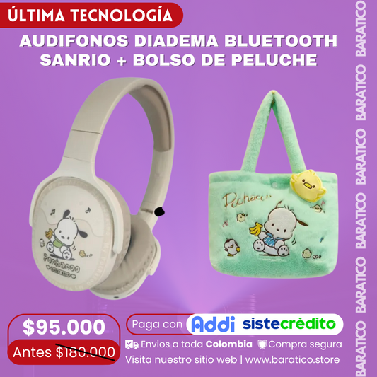 AUDIFONOS DIADEMA BLUETOOTH SANRIO + BOLSO DE PELUCHE