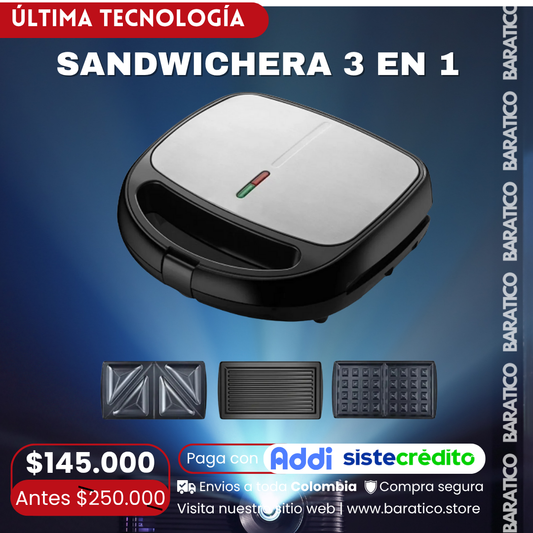 SANDWICHERA WAFLERA TOSTADORA 3 EN 1 PLACAS INTERCAMBIABLES