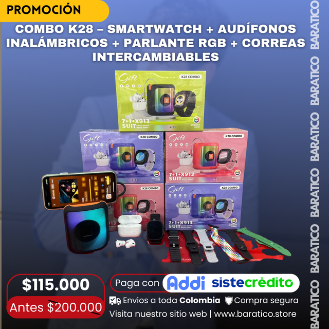 COMBO K28 – SMARTWATCH + AUDÍFONOS INALÁMBRICOS + PARLANTE RGB + CORREAS INTERCAMBIABLES