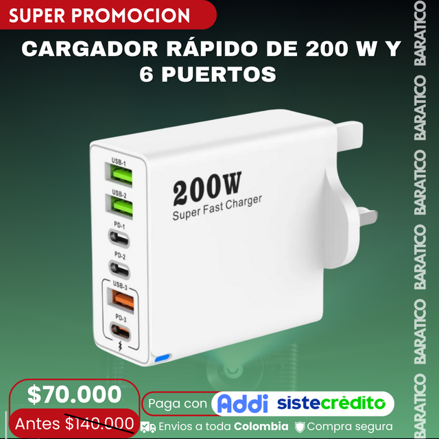 CARGADOR RÁPIDO DE 200 W Y 6 PUERTOS
